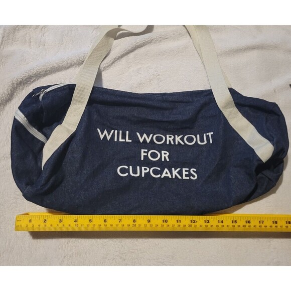Will Workout For Cupcakes Denim Blue Duffel Gym Travel Bag Carry On Zip Close - Picture 3 of 5
